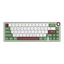 Compact mechanical keyboard with dark keycaps, beige highlights, and a metal volume knob