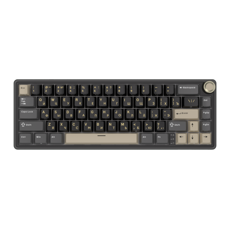 Compact mechanical keyboard with dark keycaps, beige highlights, and a metal volume knob
