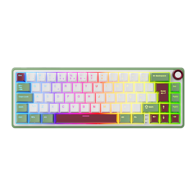 Compact mechanical keyboard with dark keycaps, beige highlights, and a metal volume knob