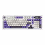 Purple and white mechanical gaming keyboard with digital display and yellow accents