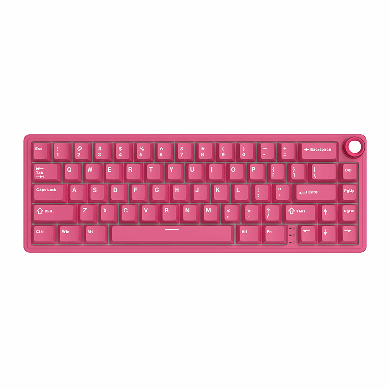 Compact mechanical keyboard with dark keycaps, beige highlights, and a metal volume knob