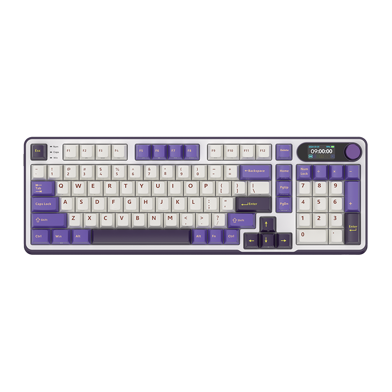Purple and white mechanical gaming keyboard with digital display and yellow accents Hình sản phẩm chính