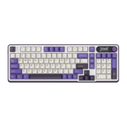Purple and white mechanical gaming keyboard with digital display and yellow accents