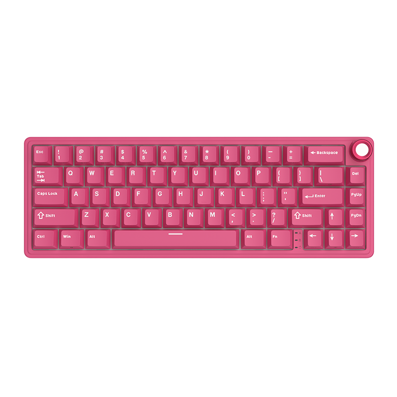 Compact mechanical keyboard with dark keycaps, beige highlights, and a metal volume knob