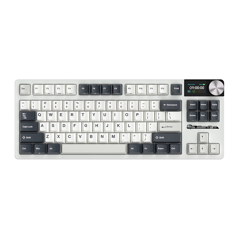 Mechanical gaming keyboard with digital display and yellow accents