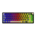 Compact mechanical keyboard with dark keycaps, beige highlights, and a metal volume knob