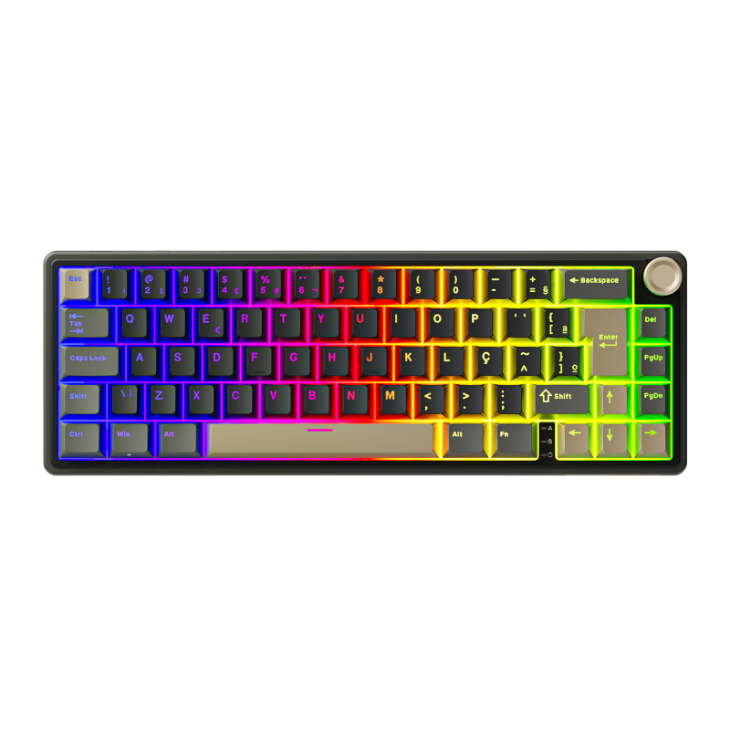 Compact mechanical keyboard with dark keycaps, beige highlights, and a metal volume knob