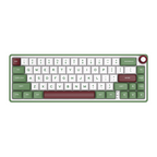 Compact mechanical keyboard with dark keycaps, beige highlights, and a metal volume knob