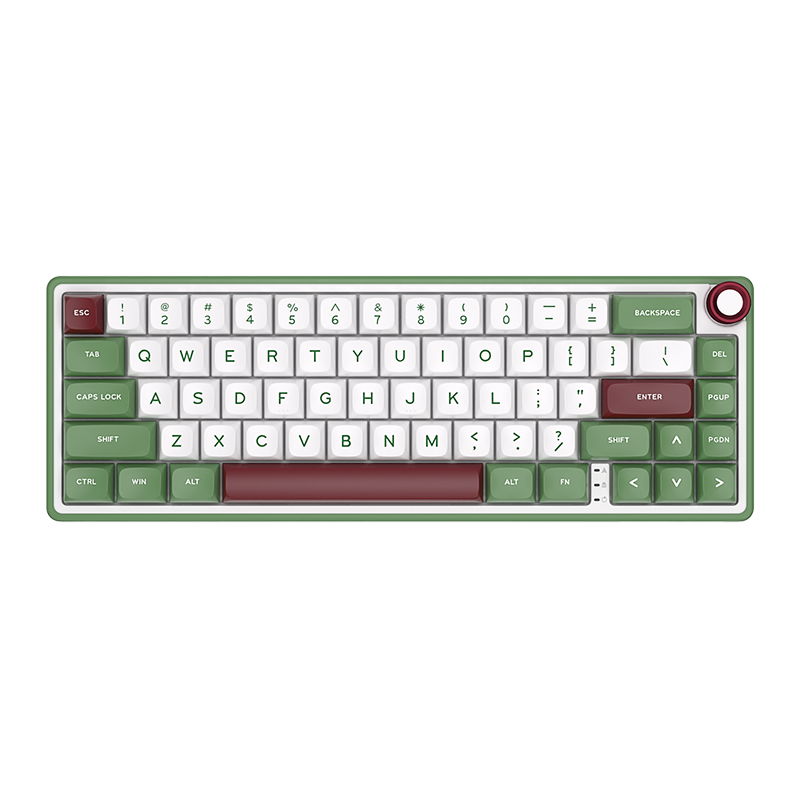 Compact mechanical keyboard with dark keycaps, beige highlights, and a metal volume knob