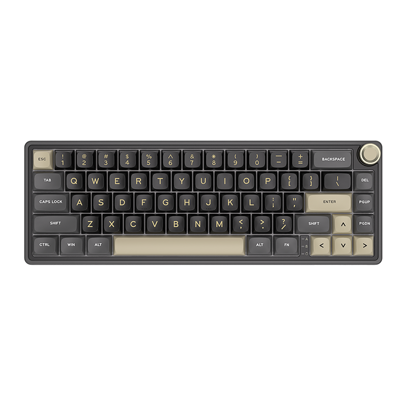 Compact mechanical keyboard with dark keycaps, beige highlights, and a metal volume knob