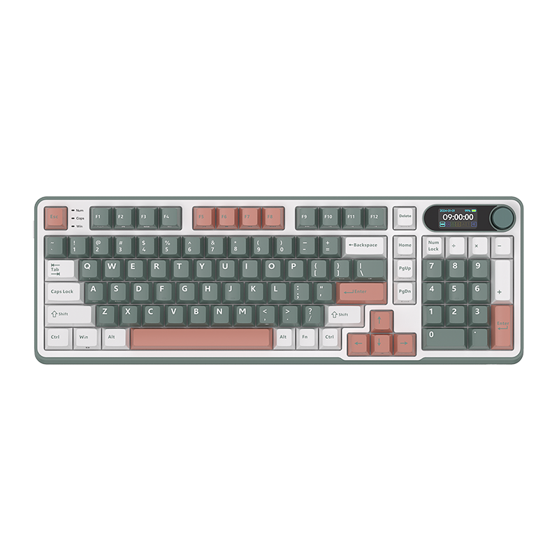 Mechanical gaming keyboard with digital display and yellow accents