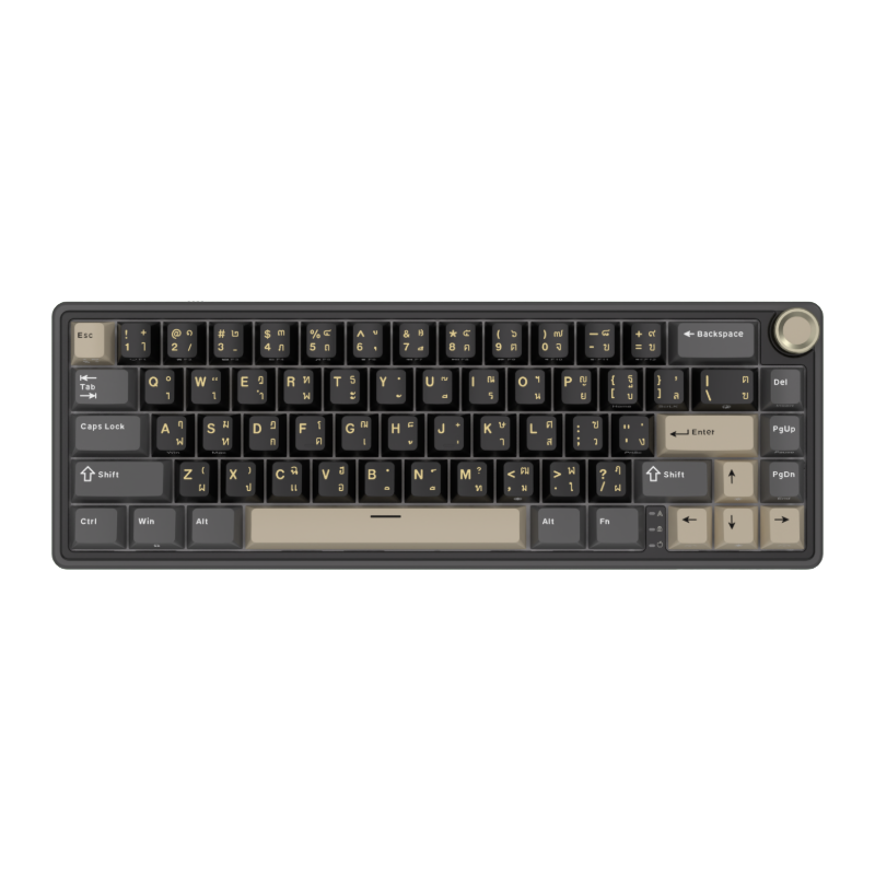 Compact mechanical keyboard with dark keycaps, beige highlights, and a metal volume knob