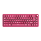 Compact mechanical keyboard with dark keycaps, beige highlights, and a metal volume knob