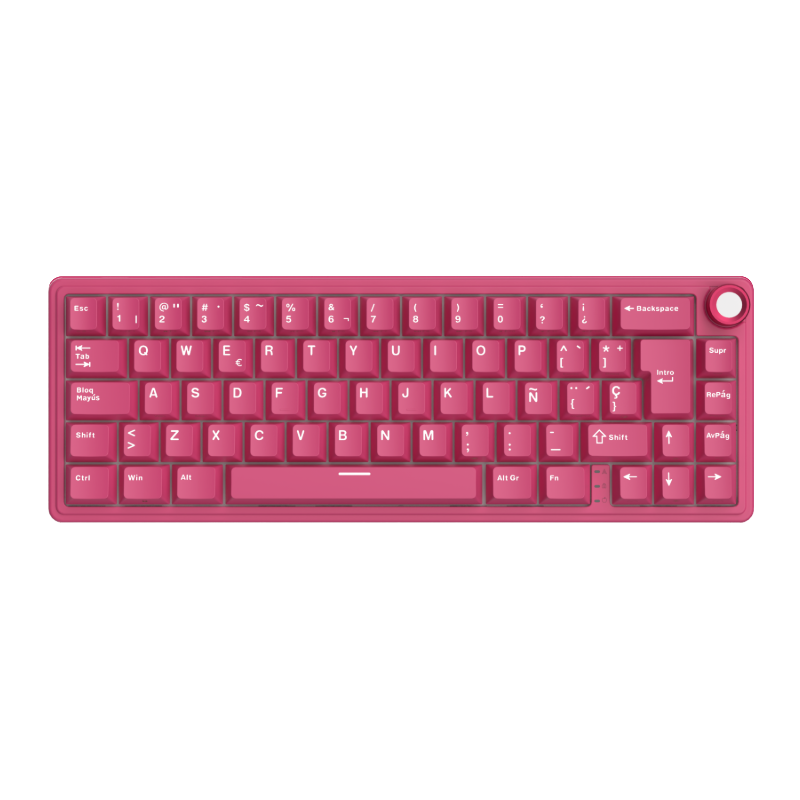 Compact mechanical keyboard with dark keycaps, beige highlights, and a metal volume knob
