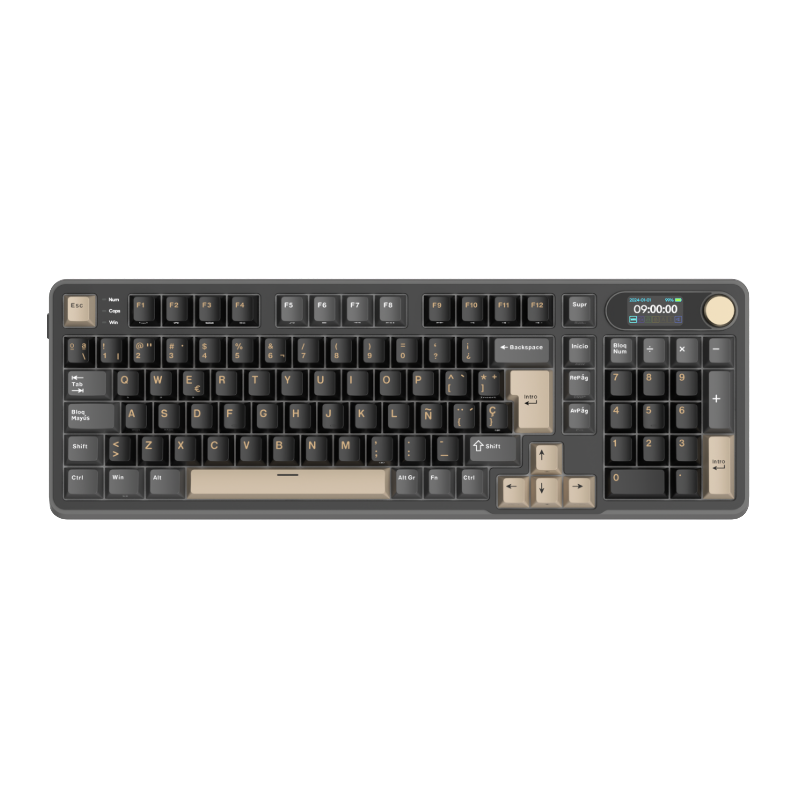 Mechanical gaming keyboard with digital display and yellow accents