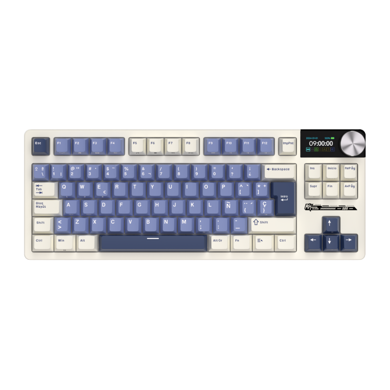 Mechanical gaming keyboard with digital display and yellow accents