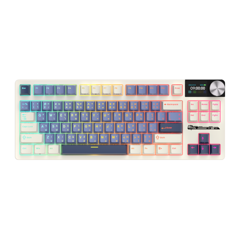 Mechanical gaming keyboard with digital display and yellow accents