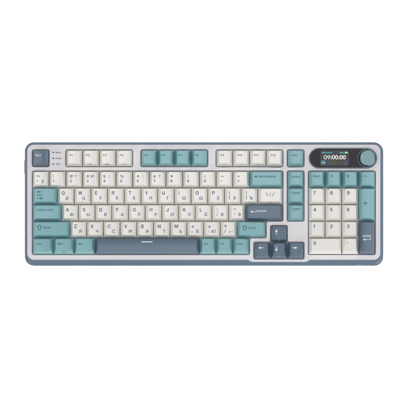 Mechanical gaming keyboard with digital display and yellow accents