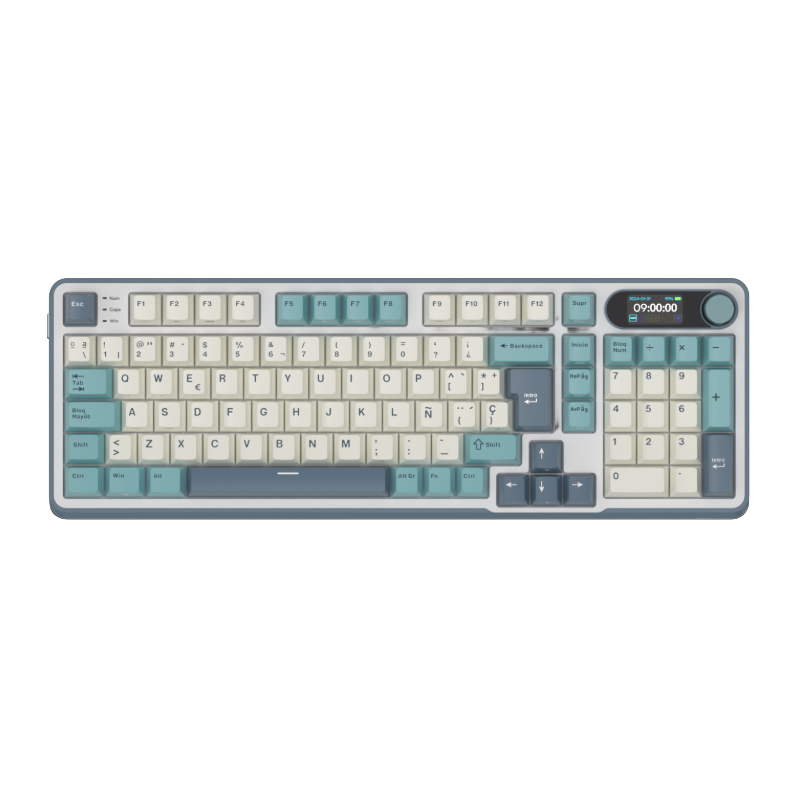 Mechanical gaming keyboard with digital display and yellow accents