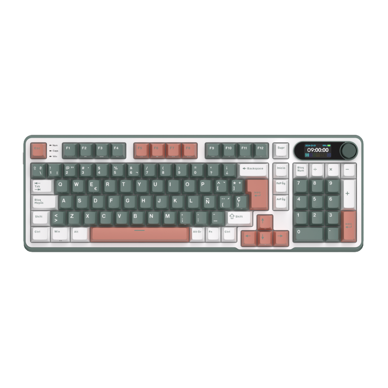 Mechanical gaming keyboard with digital display and yellow accents
