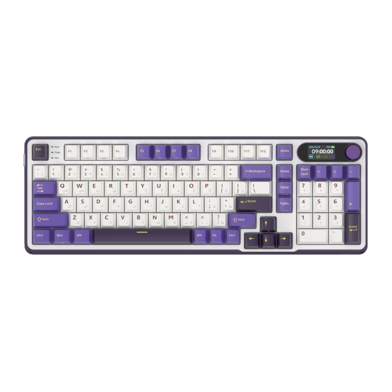 Mechanical gaming keyboard with digital display and yellow accents