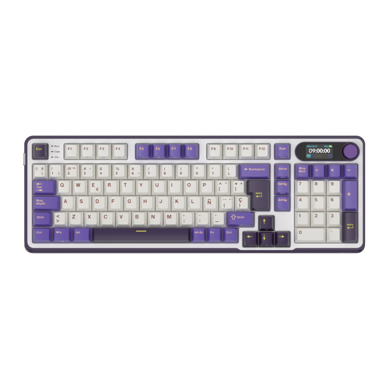 Mechanical gaming keyboard with digital display and yellow accents