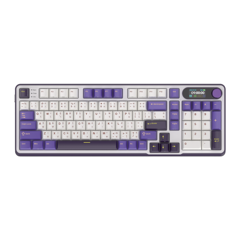 Mechanical gaming keyboard with digital display and yellow accents