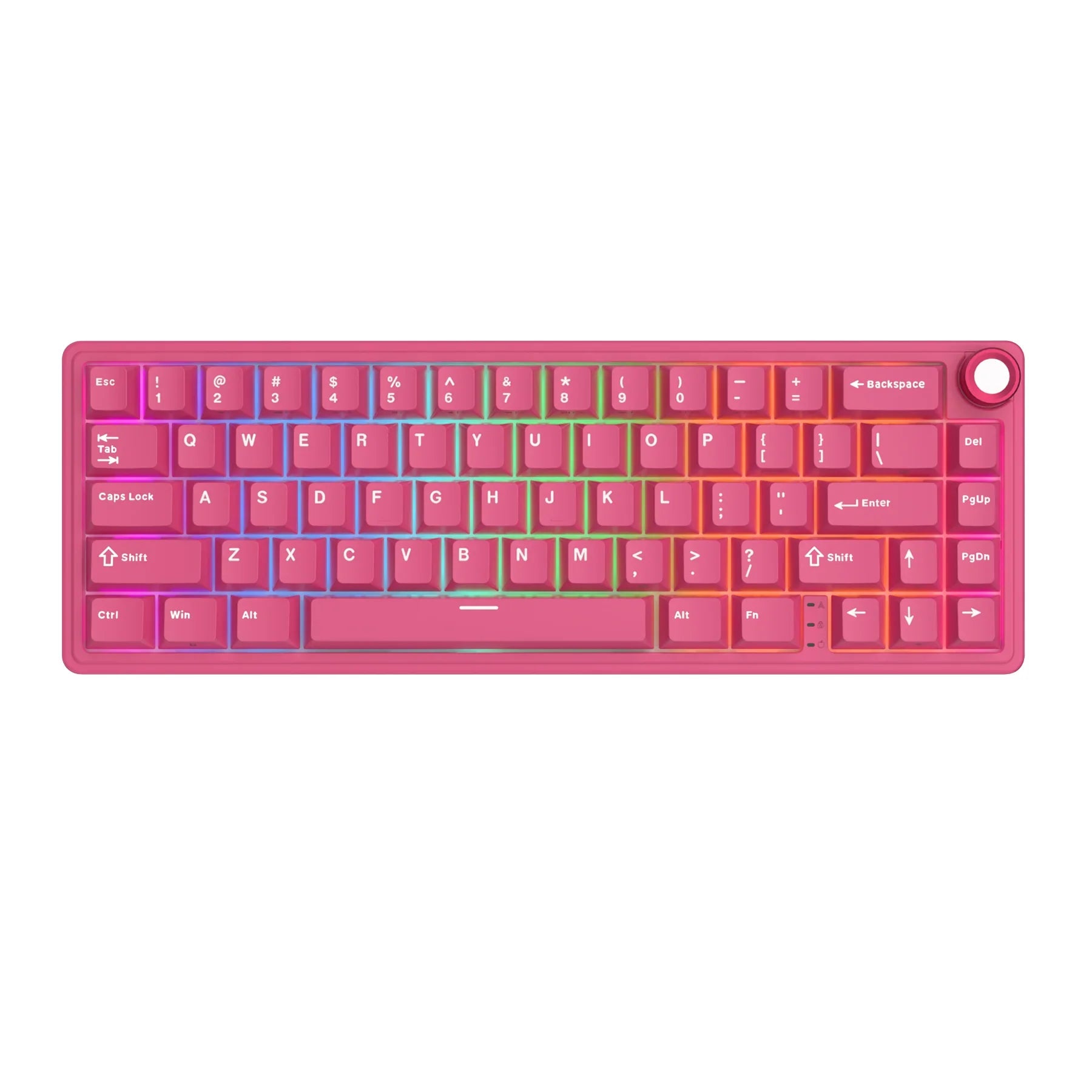Compact mechanical keyboard with dark keycaps, beige highlights, and a metal volume knob