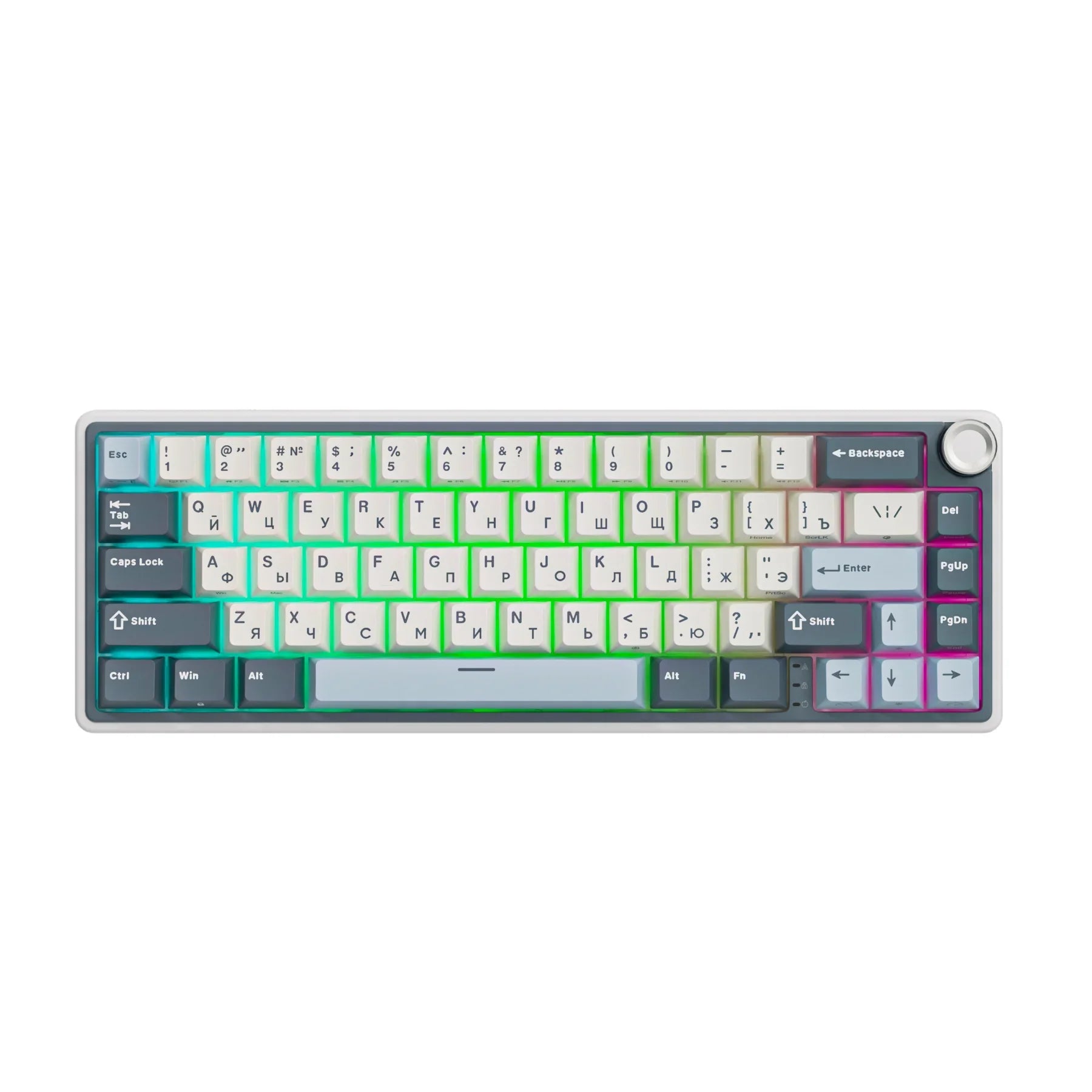 Compact mechanical keyboard with dark keycaps, beige highlights, and a metal volume knob
