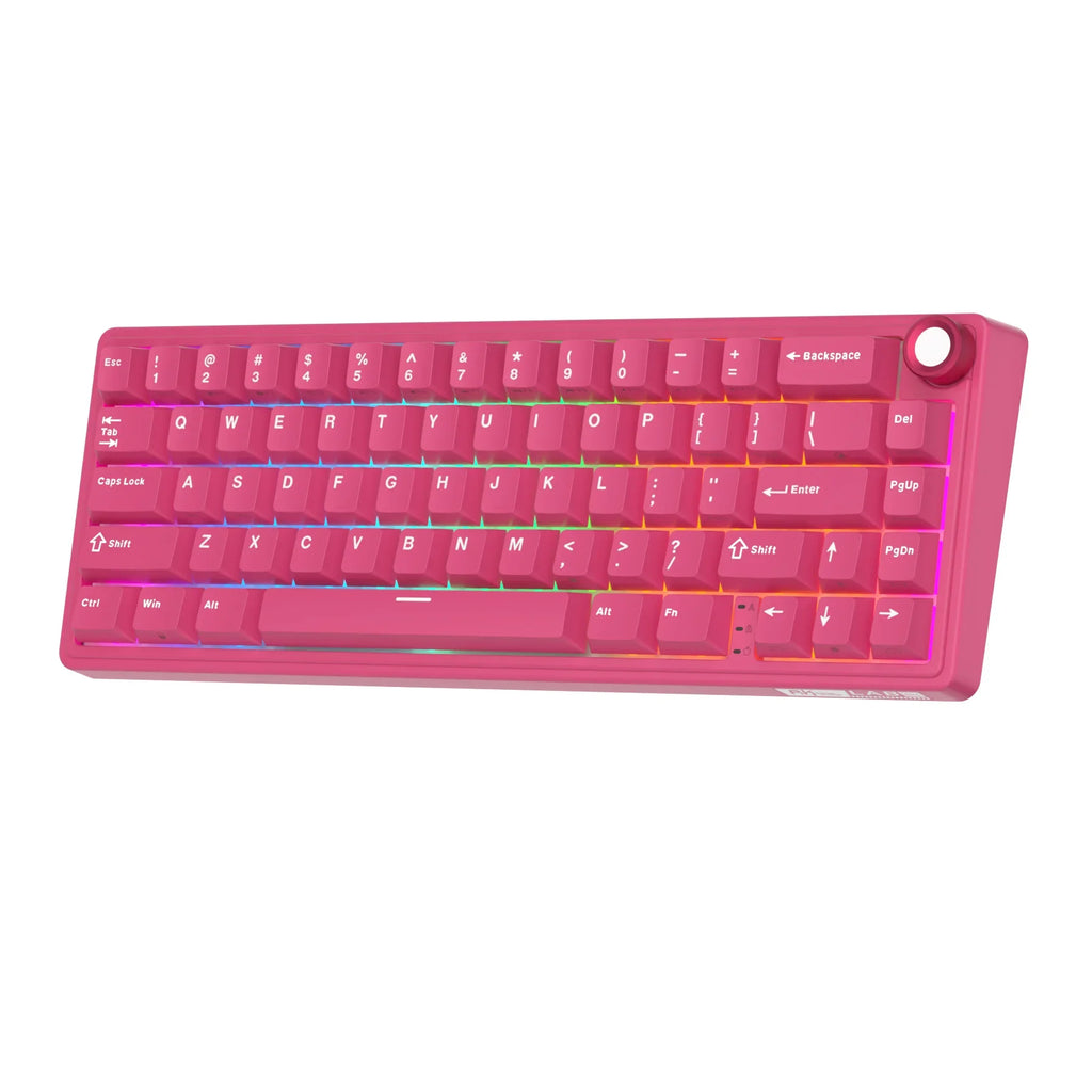 Compact mechanical keyboard with dark keycaps, beige highlights, and a metal volume knob