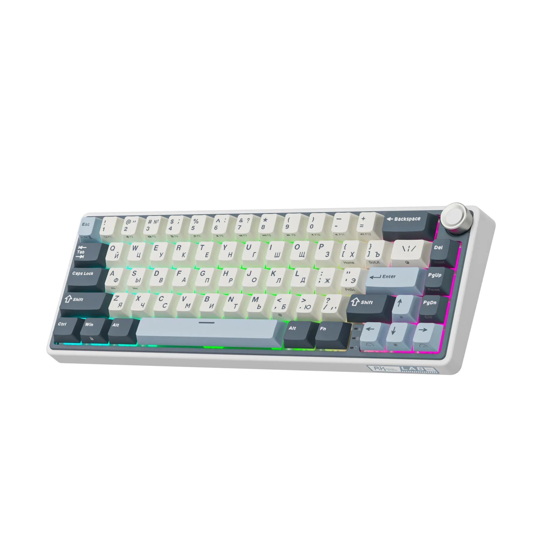 Compact mechanical keyboard with dark keycaps, beige highlights, and a metal volume knob