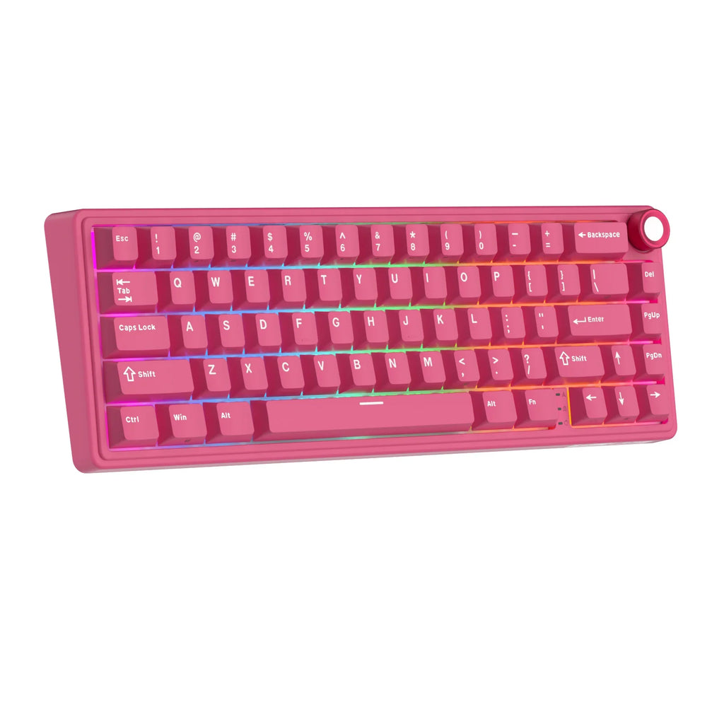 Compact mechanical keyboard with dark keycaps, beige highlights, and a metal volume knob