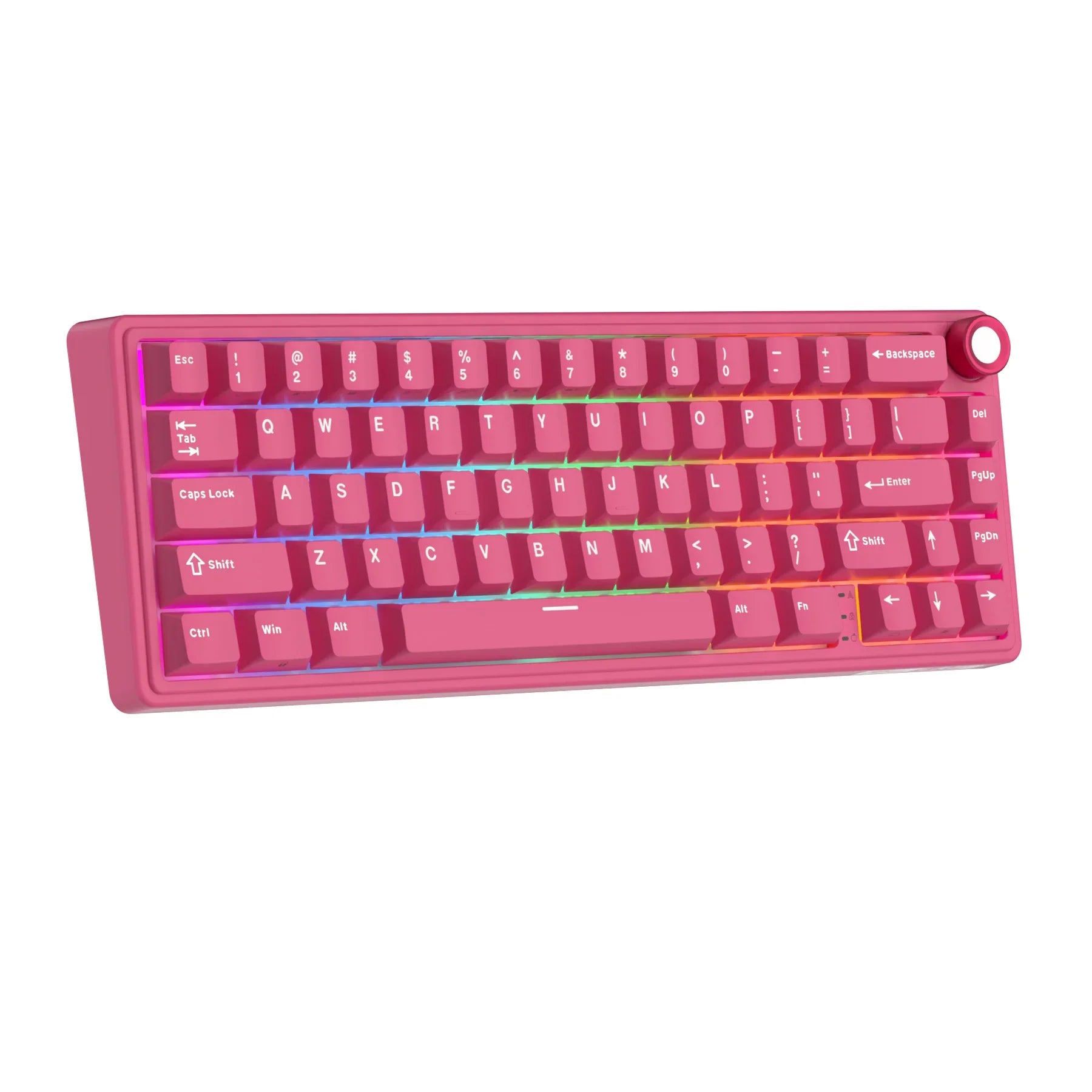 Compact mechanical keyboard with dark keycaps, beige highlights, and a metal volume knob