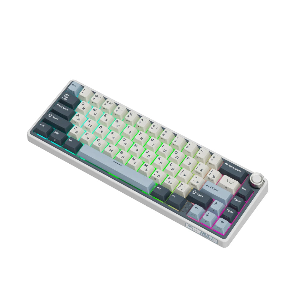 Compact mechanical keyboard with dark keycaps, beige highlights, and a metal volume knob