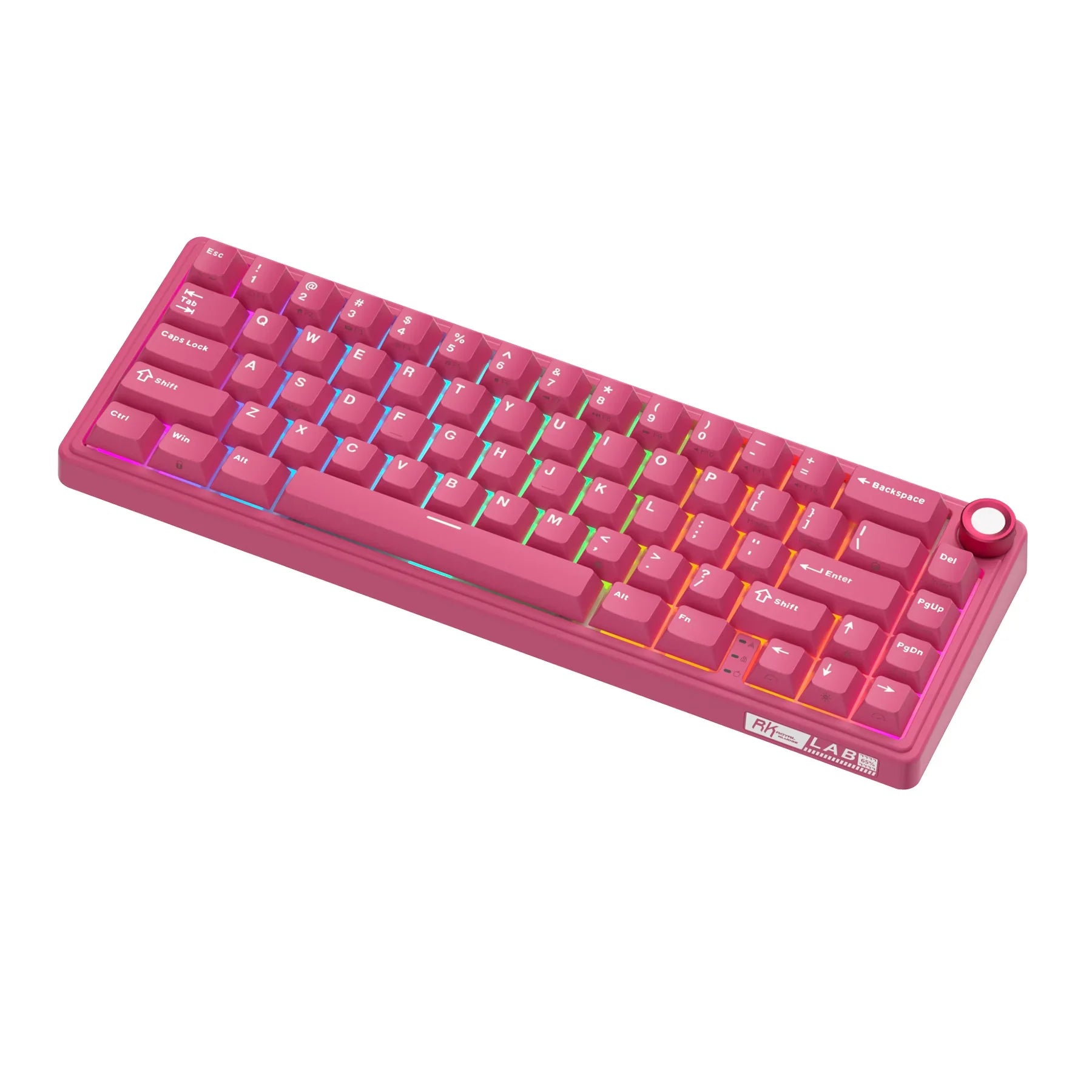 Compact mechanical keyboard with dark keycaps, beige highlights, and a metal volume knob