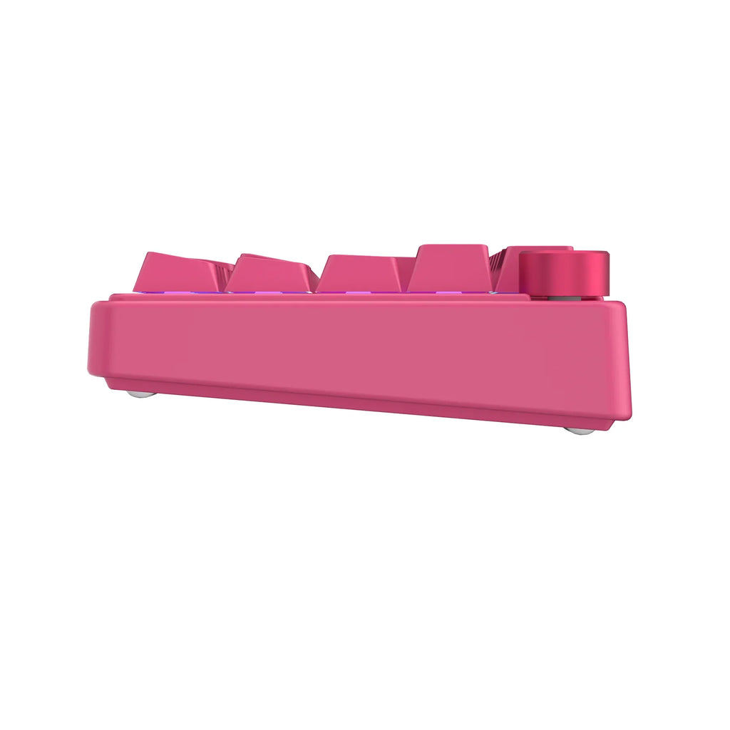 Compact mechanical keyboard with dark keycaps, beige highlights, and a metal volume knob