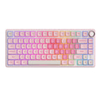Pink and white mechanical gaming keyboard with rotary knob and compact layout