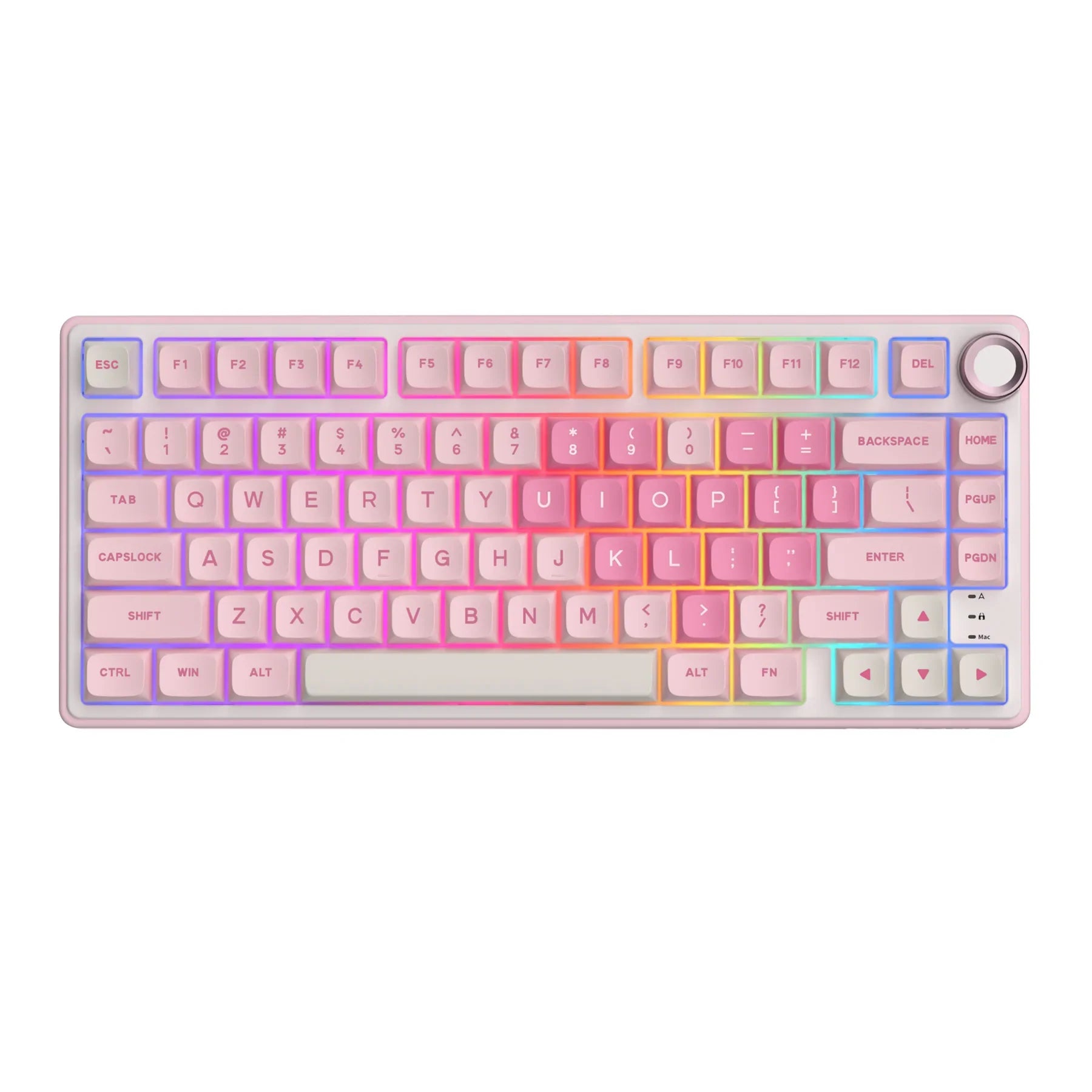 Pink and white mechanical gaming keyboard with rotary knob and compact layout