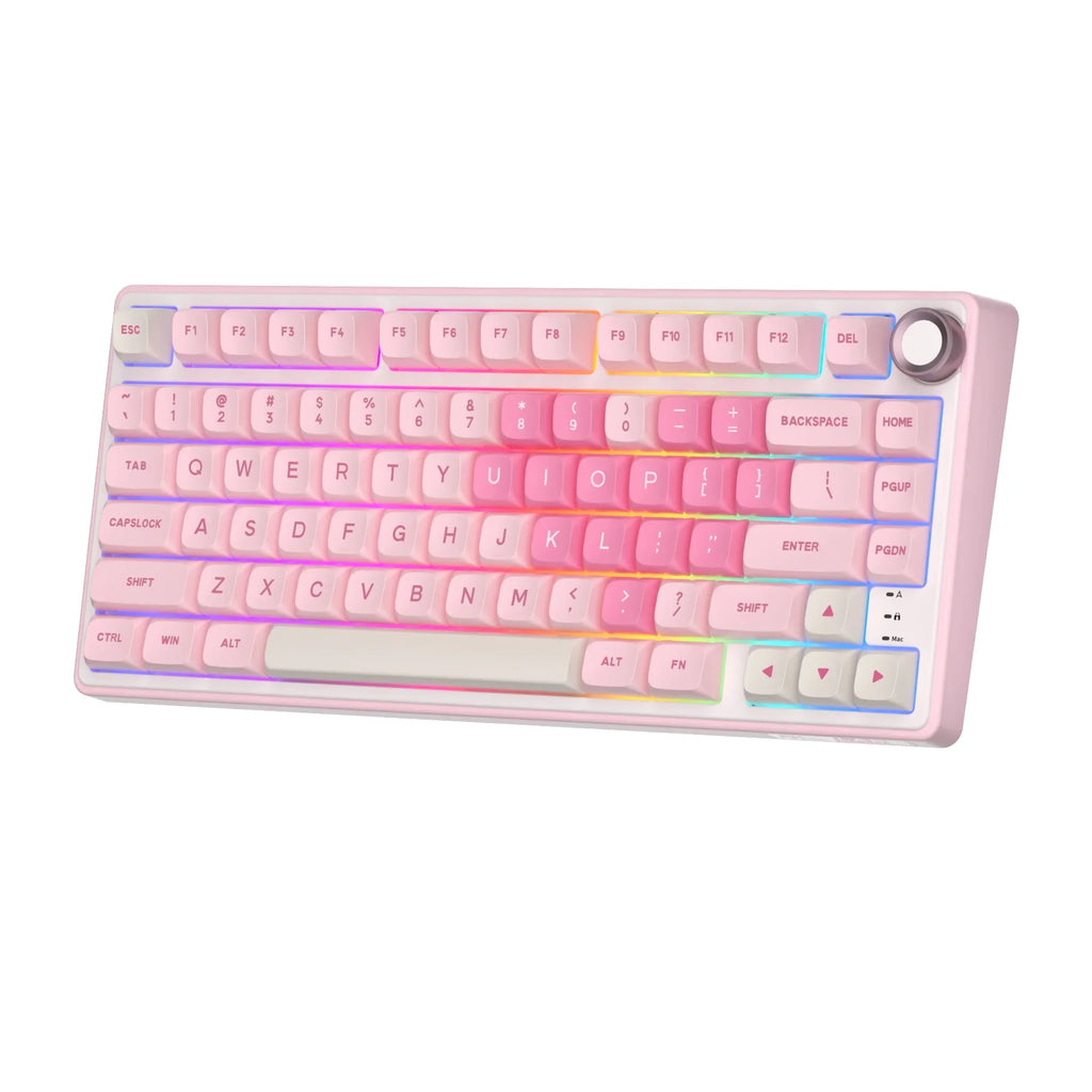 Pink and white mechanical gaming keyboard with rotary knob and compact layout