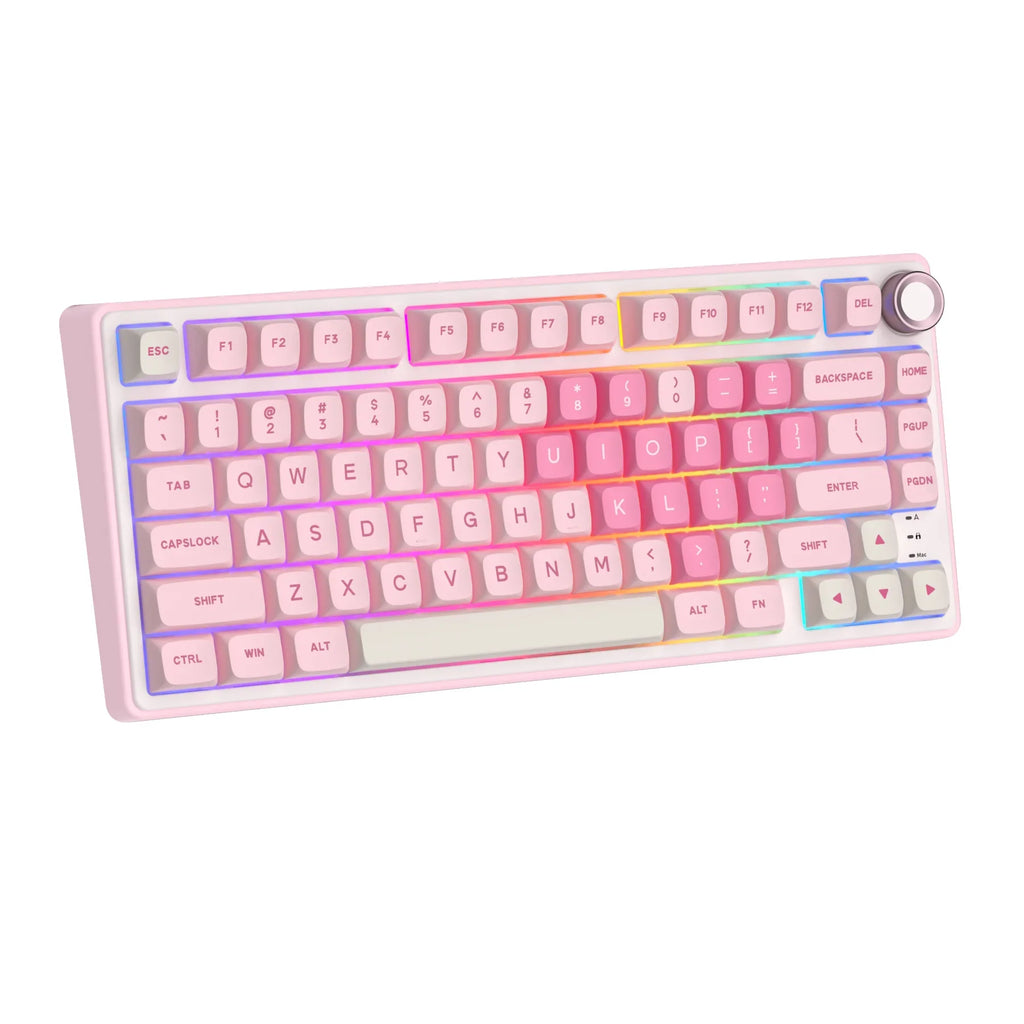 Pink and white mechanical gaming keyboard with rotary knob and compact layout
