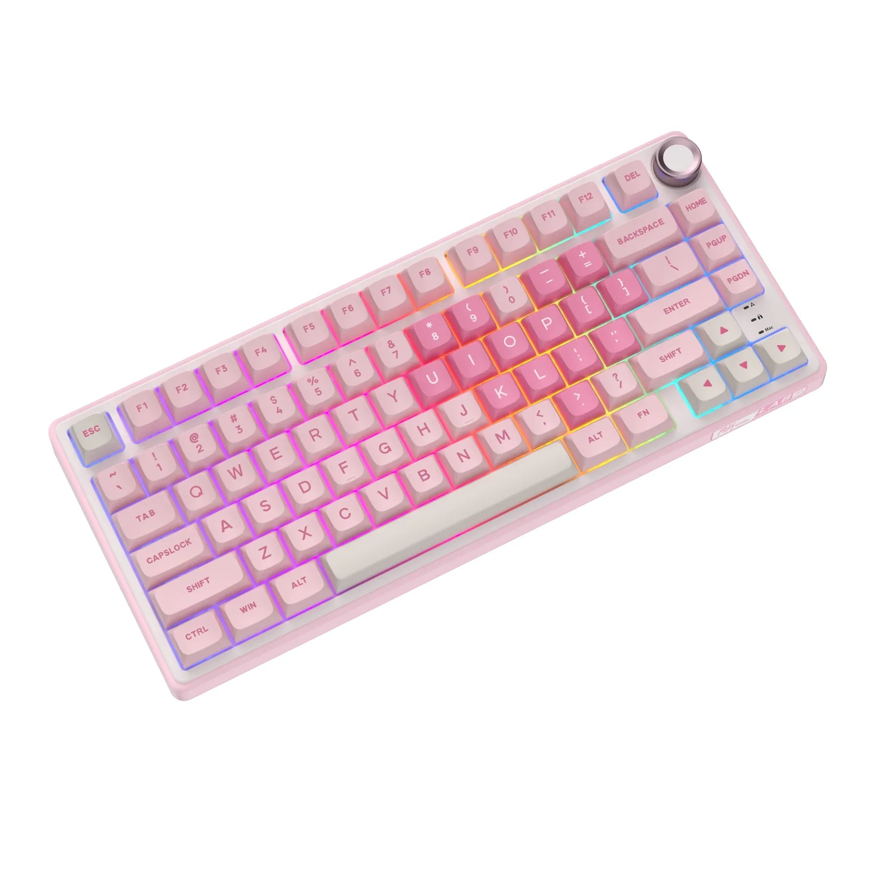Pink and white mechanical gaming keyboard with rotary knob and compact layout