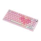 Pink and white mechanical gaming keyboard with rotary knob and compact layout