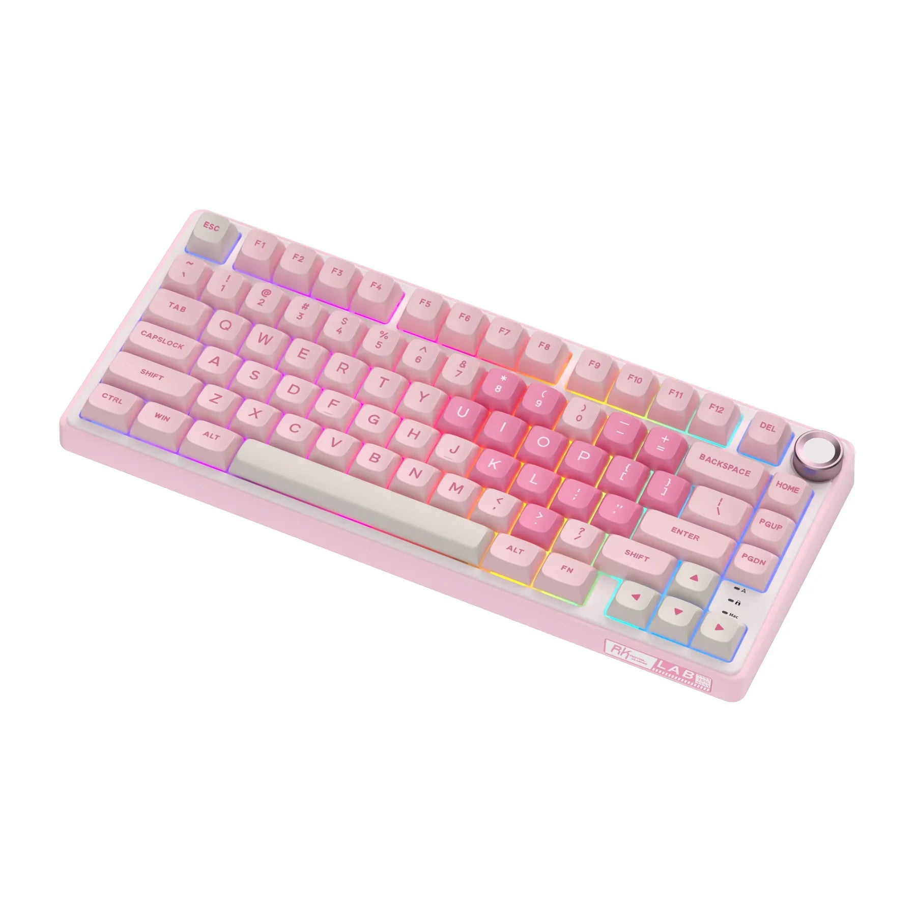 Pink and white mechanical gaming keyboard with rotary knob and compact layout