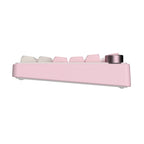 Pink and white mechanical gaming keyboard with rotary knob and compact layout