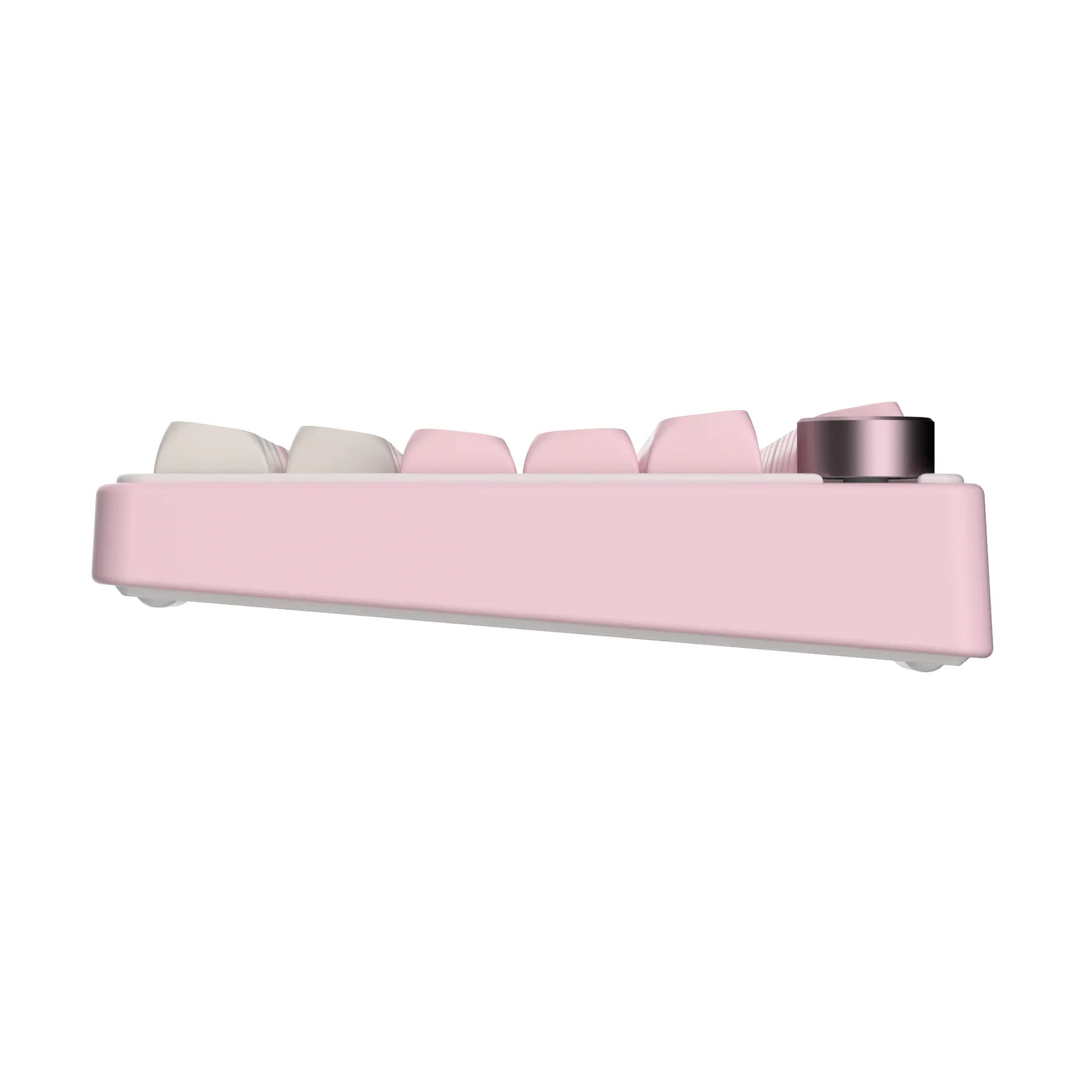 Pink and white mechanical gaming keyboard with rotary knob and compact layout