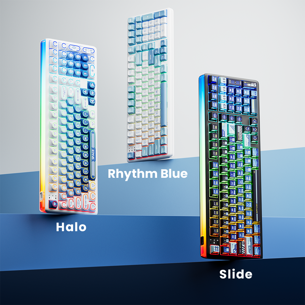 R99 gaming keyboard in Halo, Rhythm Blue, and Slide color designs