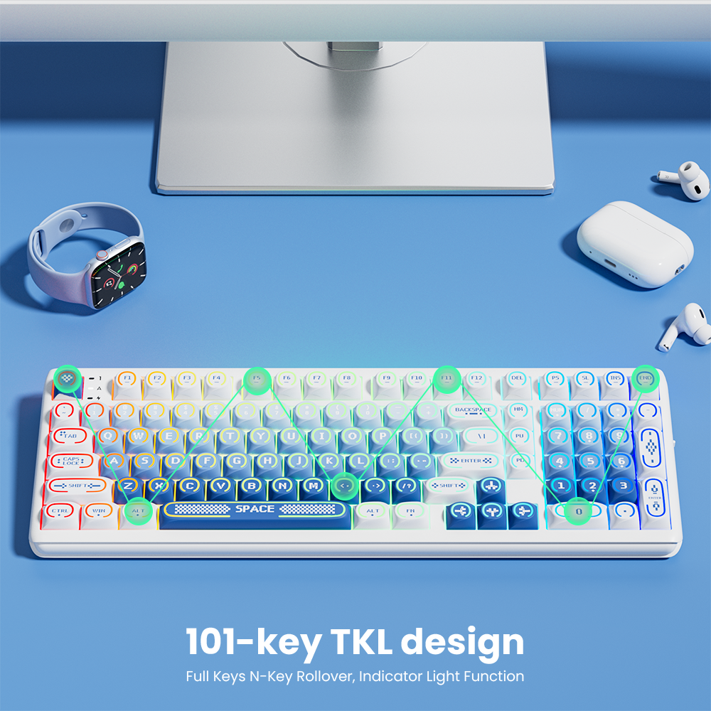 Top view of the R99 101-key compact keyboard layout on a desk