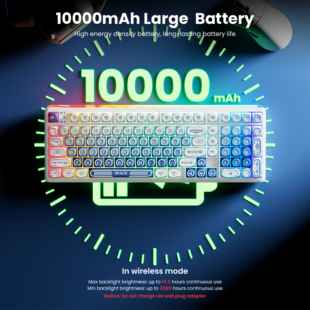 R99 keyboard with its 10,000mAh internal battery highlighted