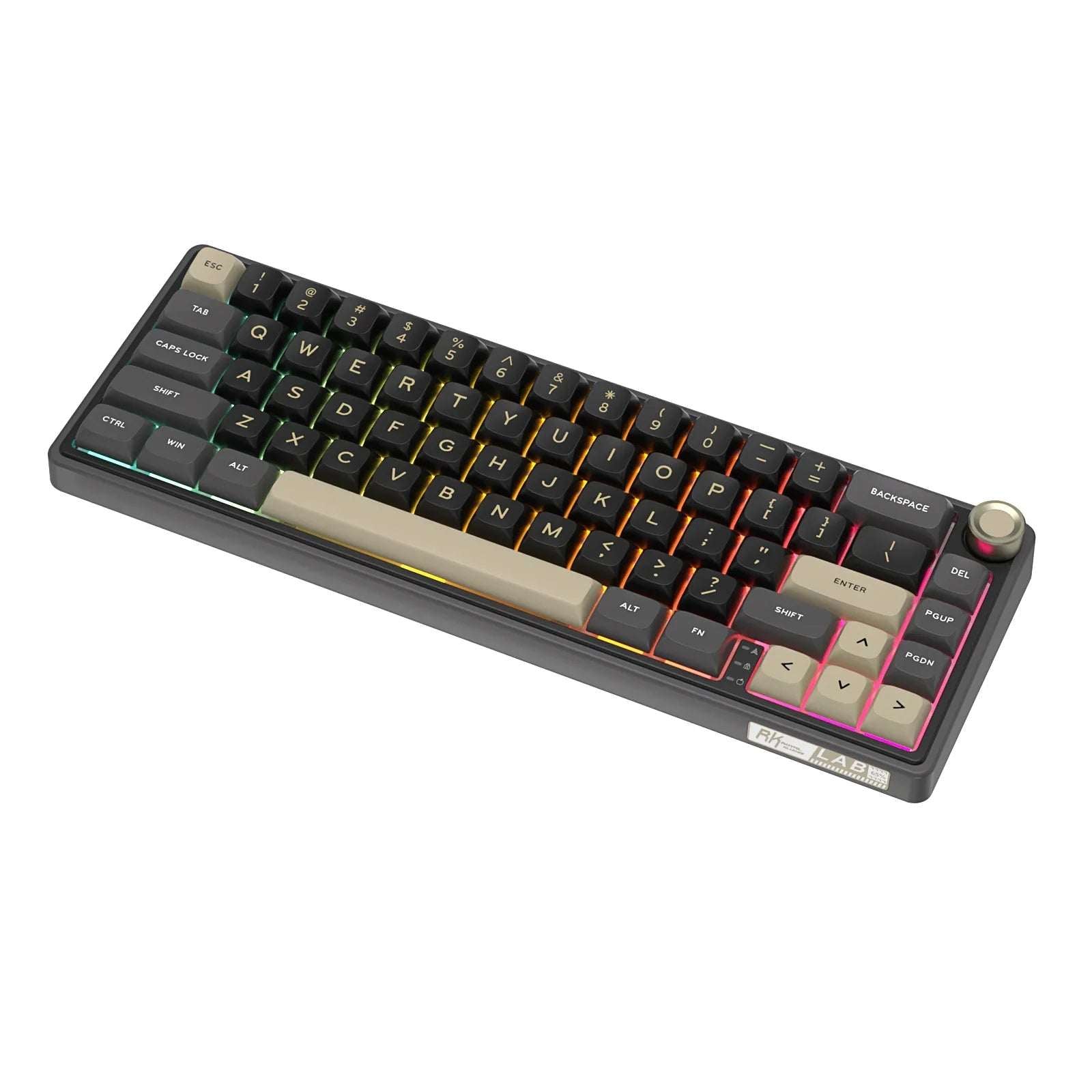 Compact mechanical keyboard with dark keycaps, beige highlights, and a metal volume knob