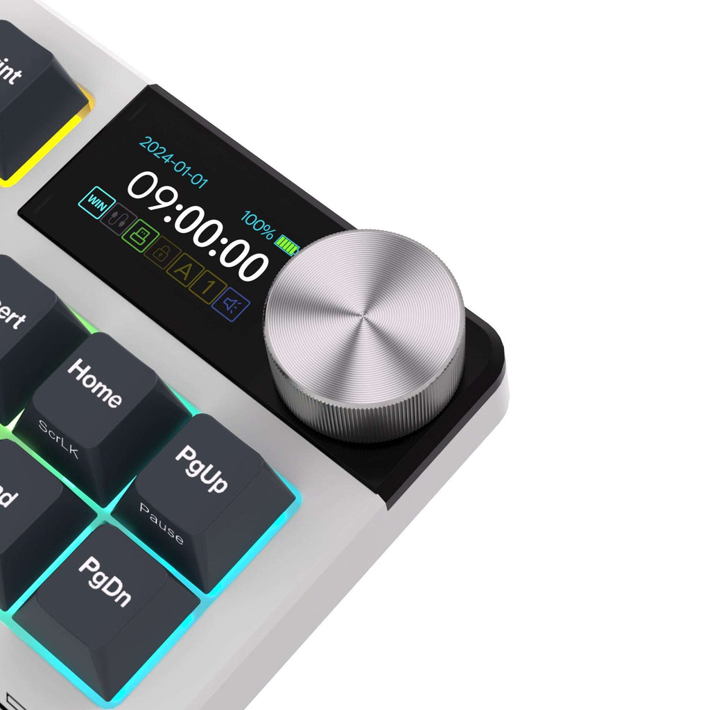 Mechanical gaming keyboard with digital display and yellow accents